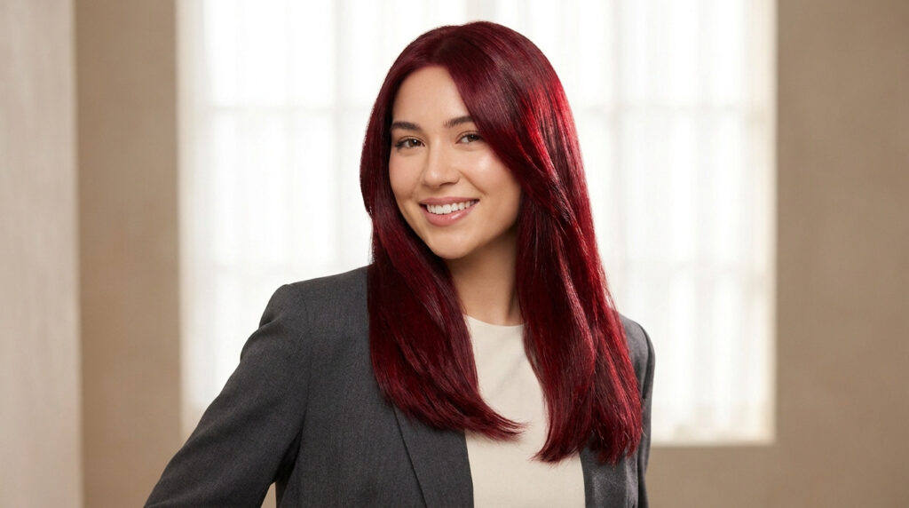 Une femme souriante avec de longs cheveux lisses rouge cerise, portant une veste de tailleur grise professionnelle.