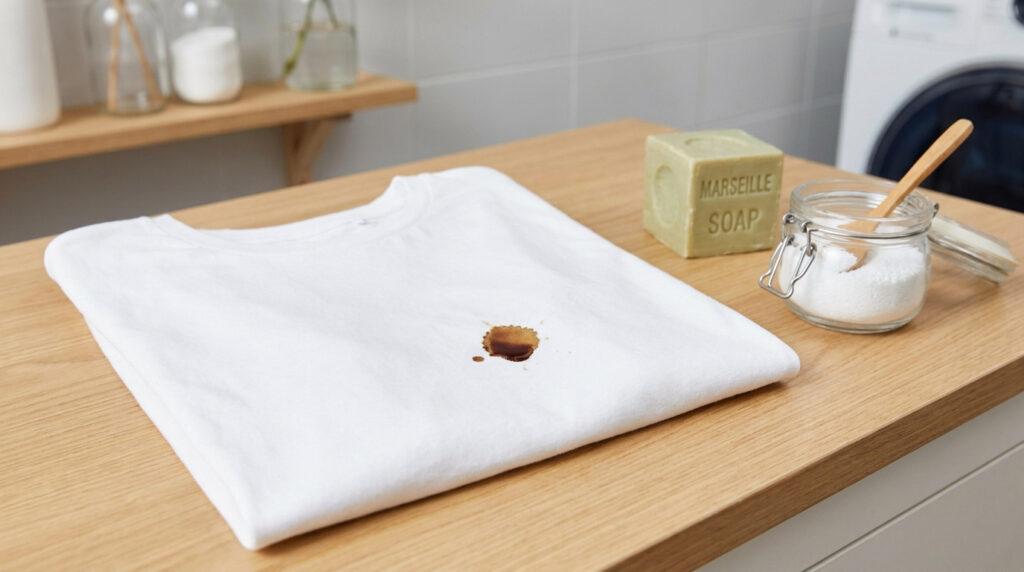 Un t-shirt blanc avec une tache brune posé sur une table en bois près d'un savon de Marseille et de cristaux de soude.