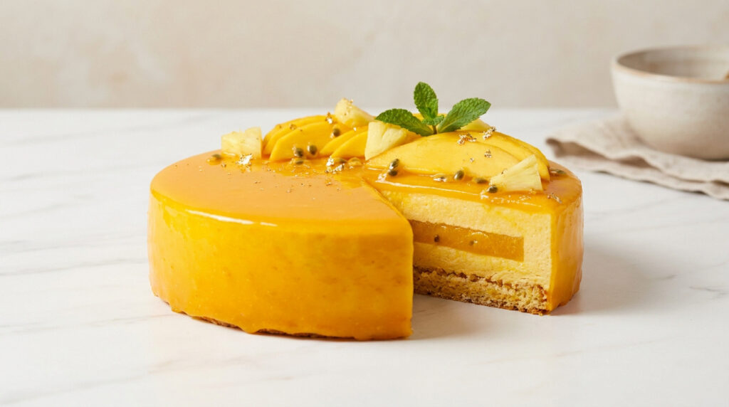 Un entremet aux fruits exotiques avec un glaçage miroir jaune, décoré de tranches de mangue, d'ananas et de menthe.