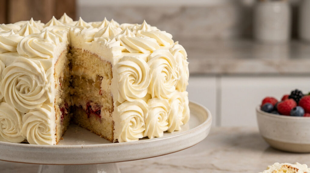 Layer cake à la crème décoré de fleurs en crème avec une part retirée, posé sur un support dans une cuisine.