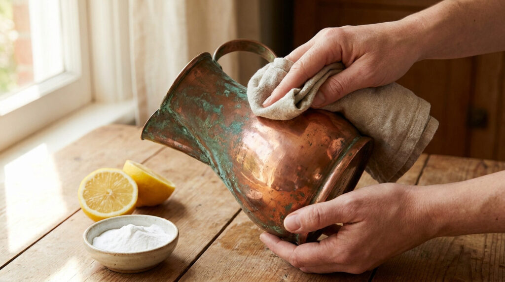 Mains nettoyant une verseuse en cuivre oxydé avec un chiffon, citrons et bicarbonate de soude sur la table.