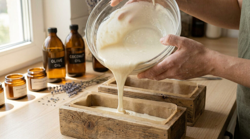 Mains versant la préparation à savon liquide dans un moule en bois sur une table avec des flacons d'huiles.