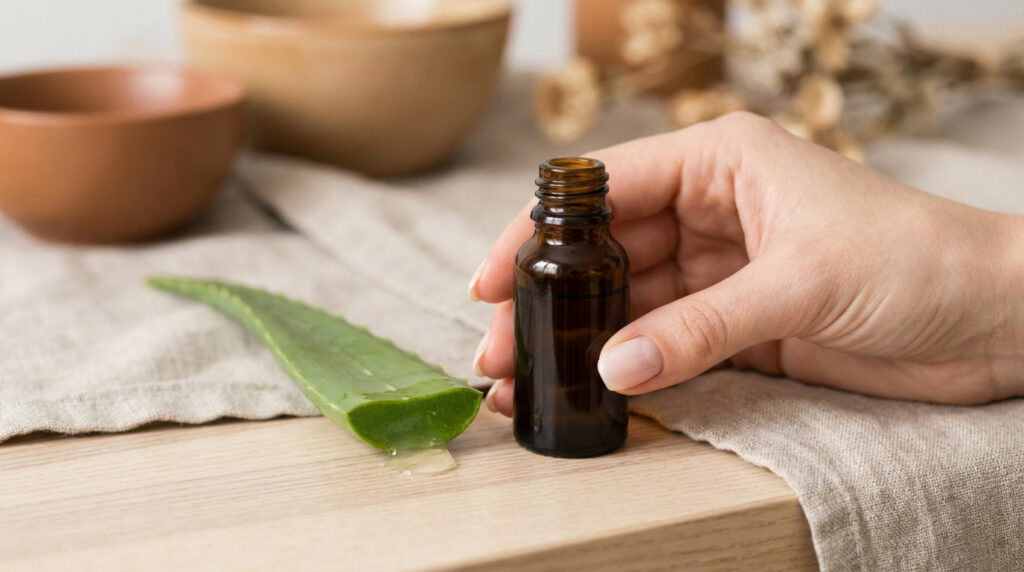 Une main tenant un flacon d'huile essentielle à côté d'une feuille d'aloe vera sur une table en bois.