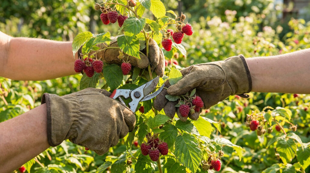 Gros plan sur des mains gantées taillant des framboisiers chargés de framboises rouges mûres dans un jardin ensoleillé.