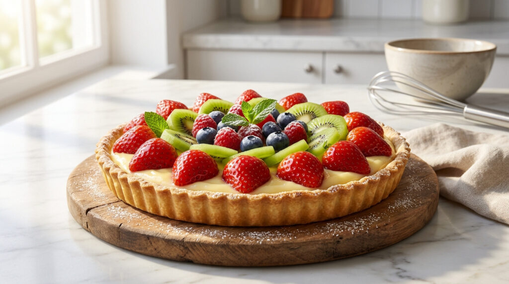 Une tarte aux fruits frais colorée avec fraises, kiwis et myrtilles sur une planche en bois dans une cuisine lumineuse.